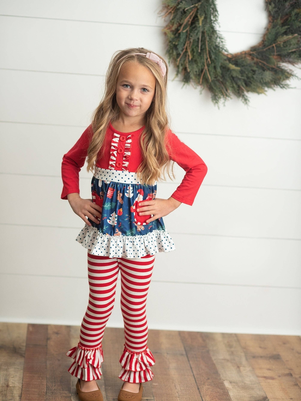 Girls Holiday Red Navy Peplum Top & Striped Ruffle Leggings